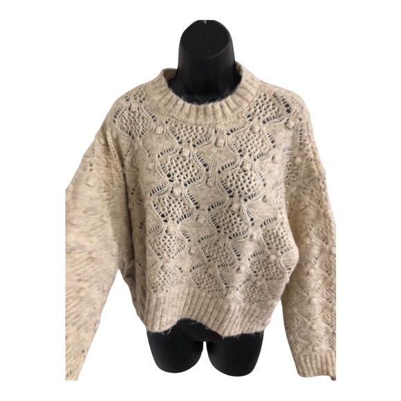 Tan crewneck knotted heirloom farmhouse style fuzzy crochet knit sweater size L - Picture 1 of 17